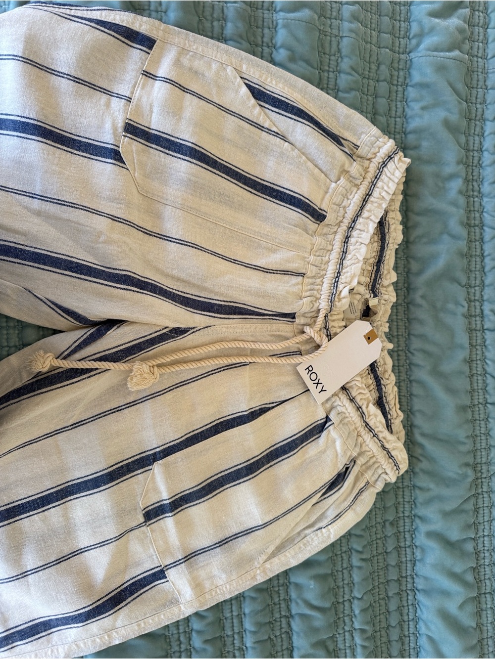 Roxy, Drawstring Linen Pants - Striped Blue on Cream, Size Large New w/ Tags - Picture 3 of 4